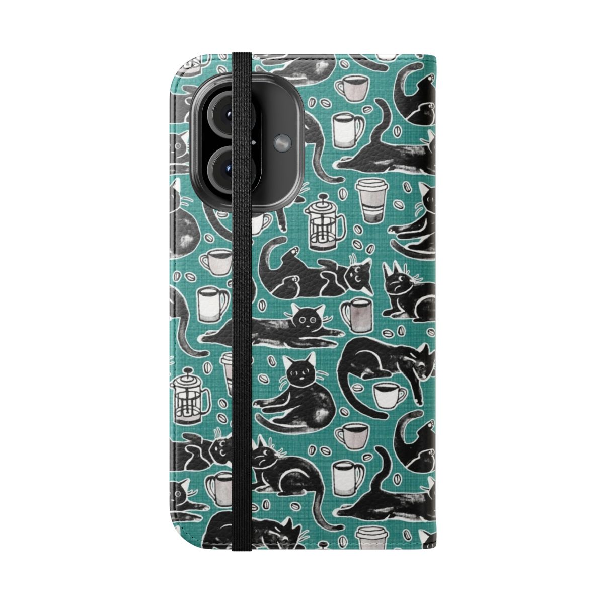 A flip phone case featuring a hand-painted black cat design in gouache with a textural background. - Folded Front