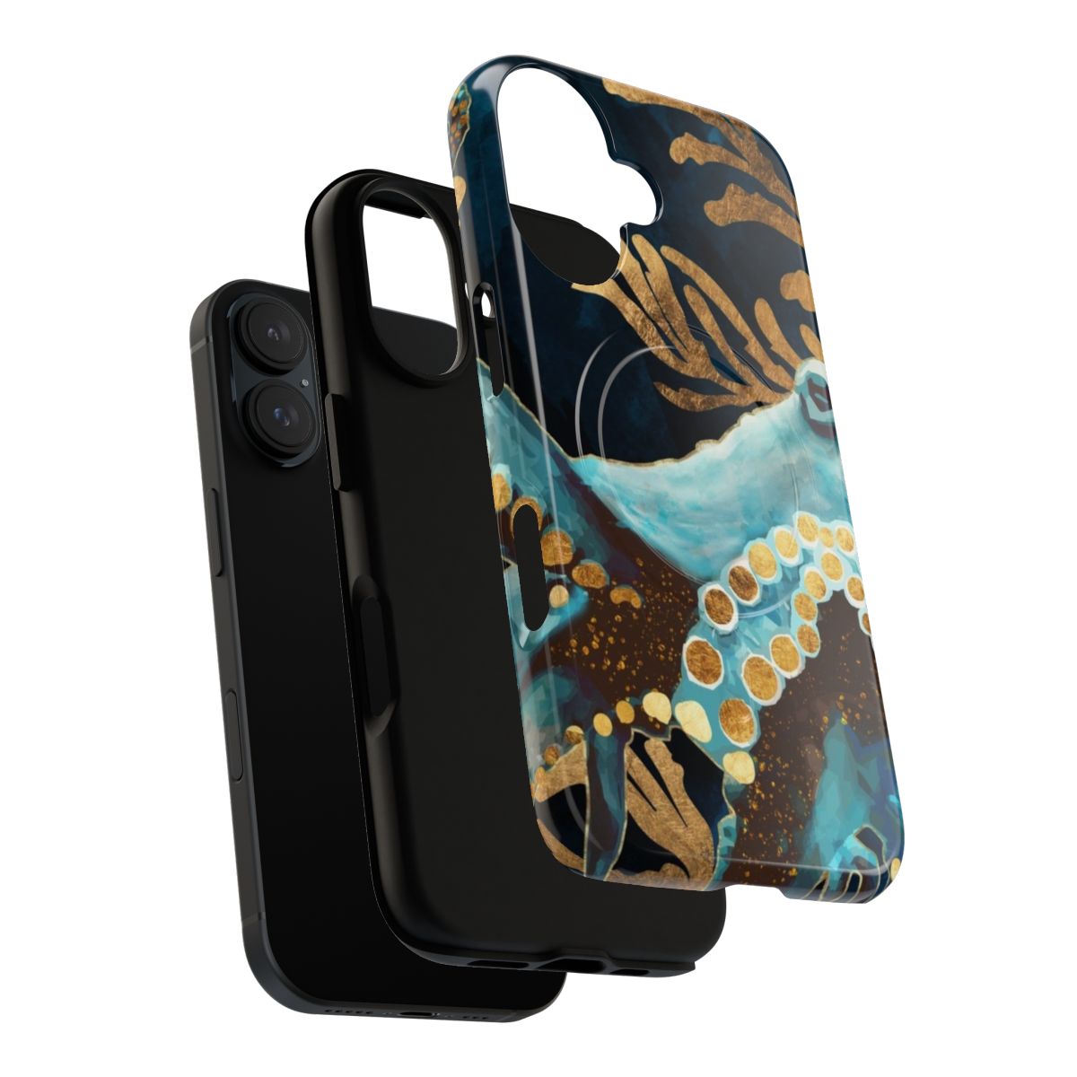 Indigo and gold octopus tentacles on a phone case with a contemporary abstract design - Layers