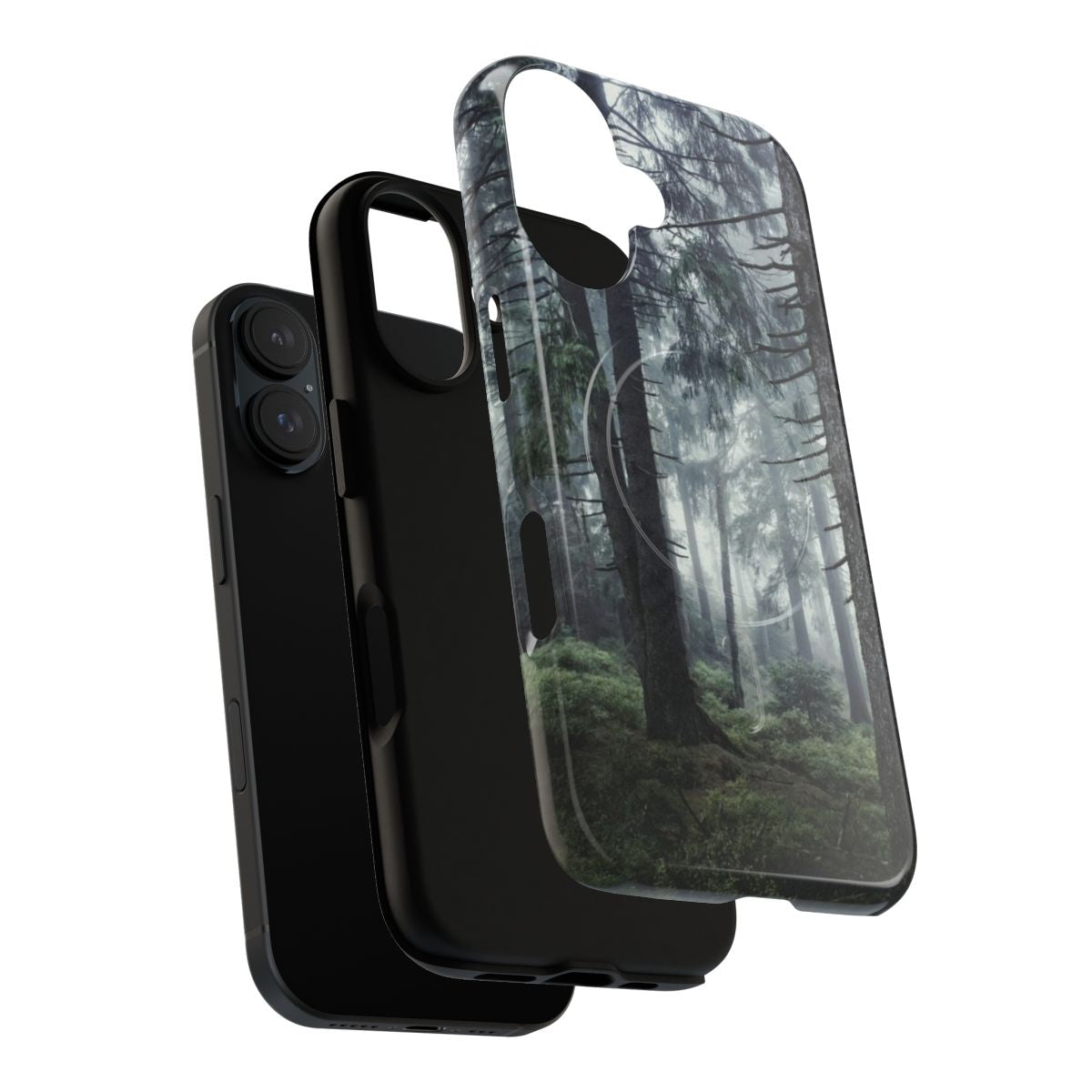 A phone case featuring a misty, retro-inspired forest landscape with trees covered in blue fog. - Layers