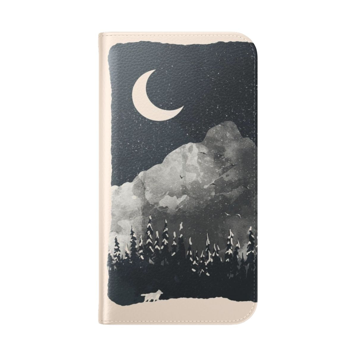 Image of a flip cover phone case with a wolf design against a snowy mountain landscape - Folded Back