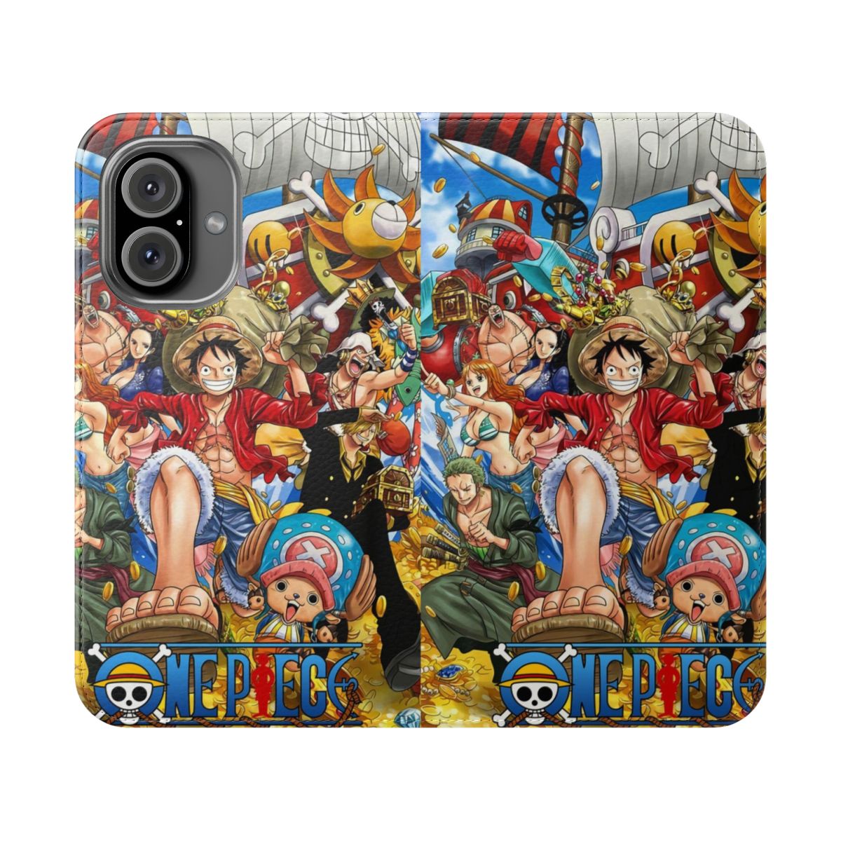 One Piece themed flip cover phone case with various characters