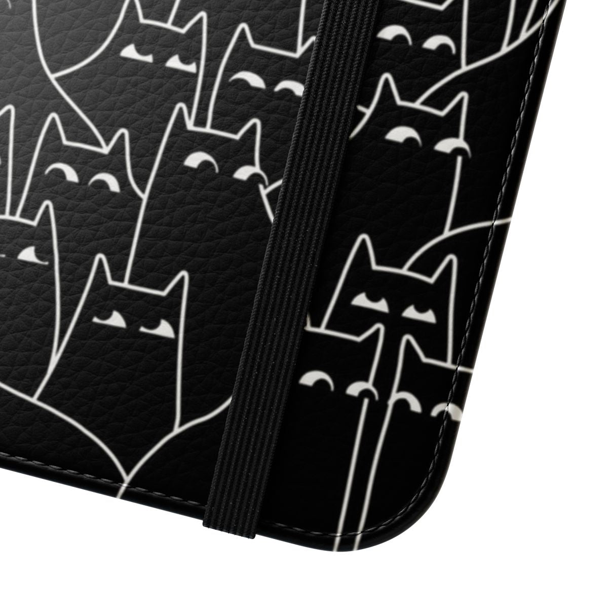 Flip phone case with a minimal black and white illustration of a suspicious looking cat - Close Up