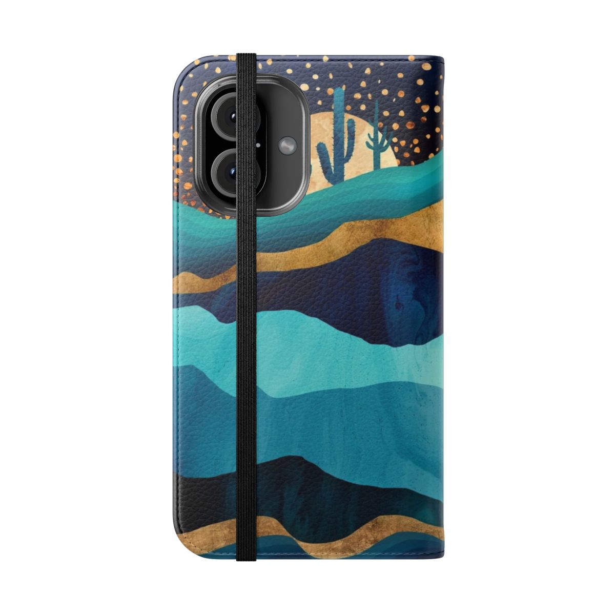 Indigo landscape phone case featuring a night sky with mountains, cactus, and stars - Folded Front