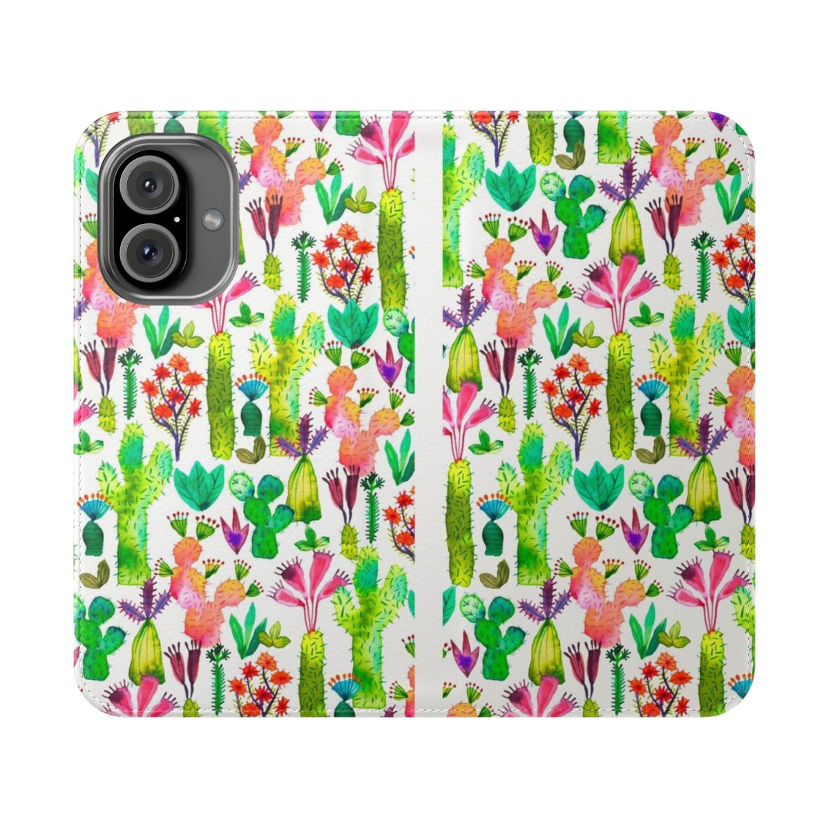 Vibrant watercolor cacti garden design on a protective smartphone flip cover case