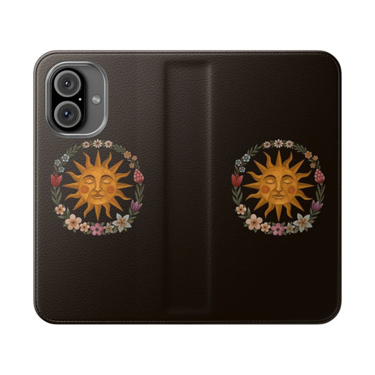 A vibrant floral phone case featuring a sun and nature-inspired design.