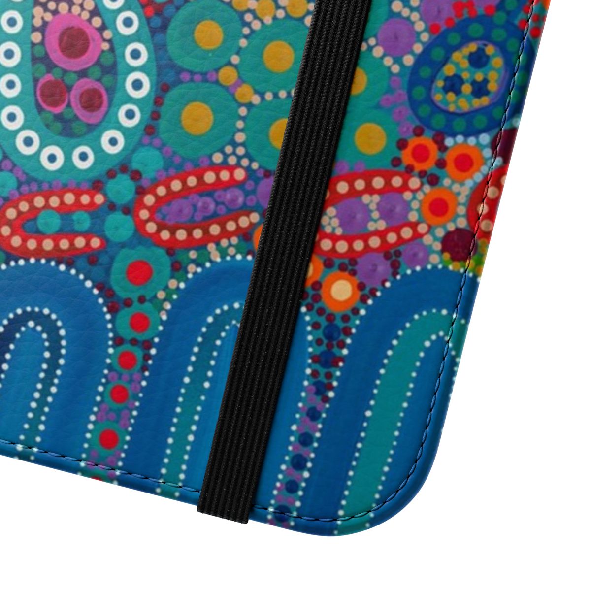 Flip phone case featuring vibrant aboriginal art design - Close Up