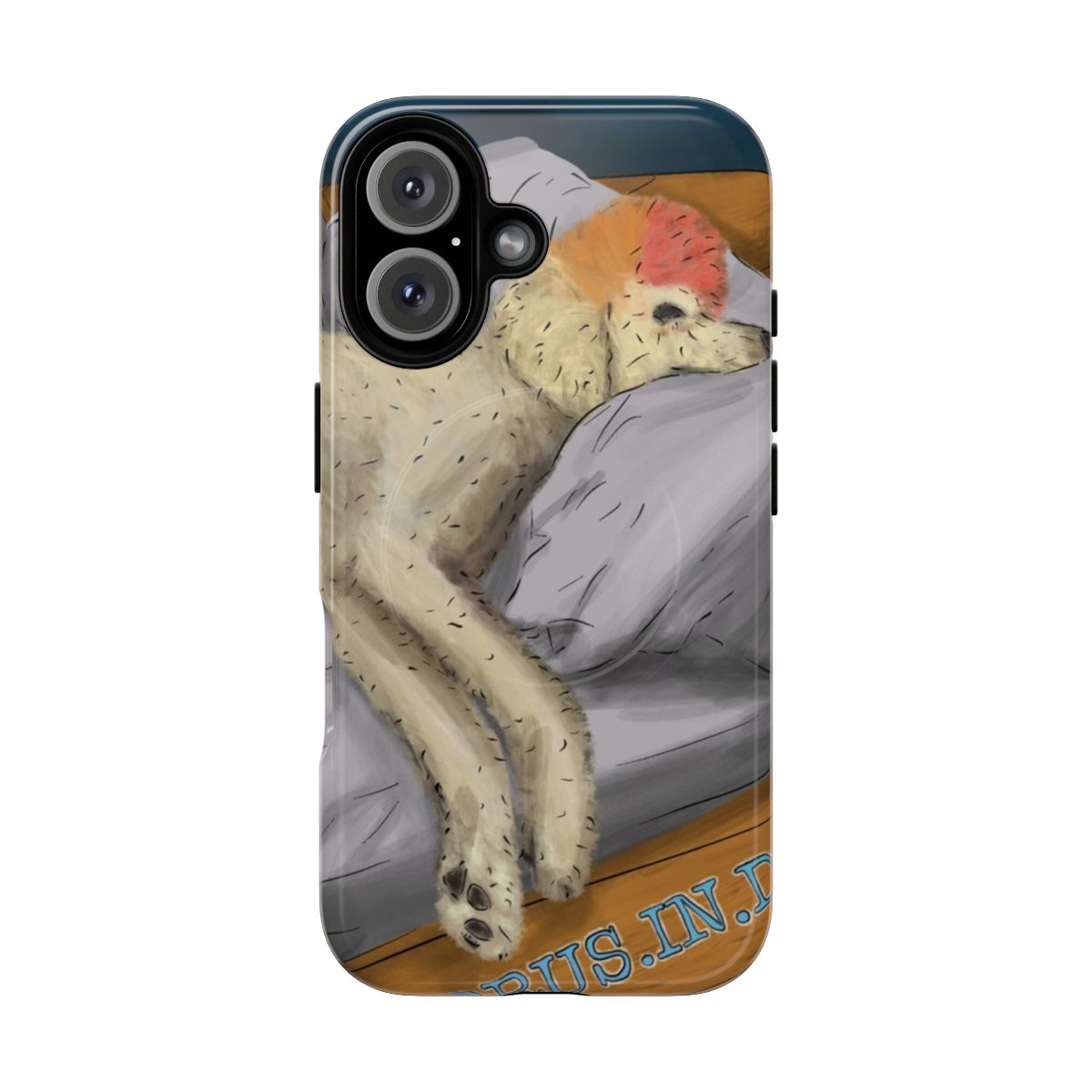 Magnetic tough phone case with image of the Egyptian deity Horus sleeping on a bed with a toy.