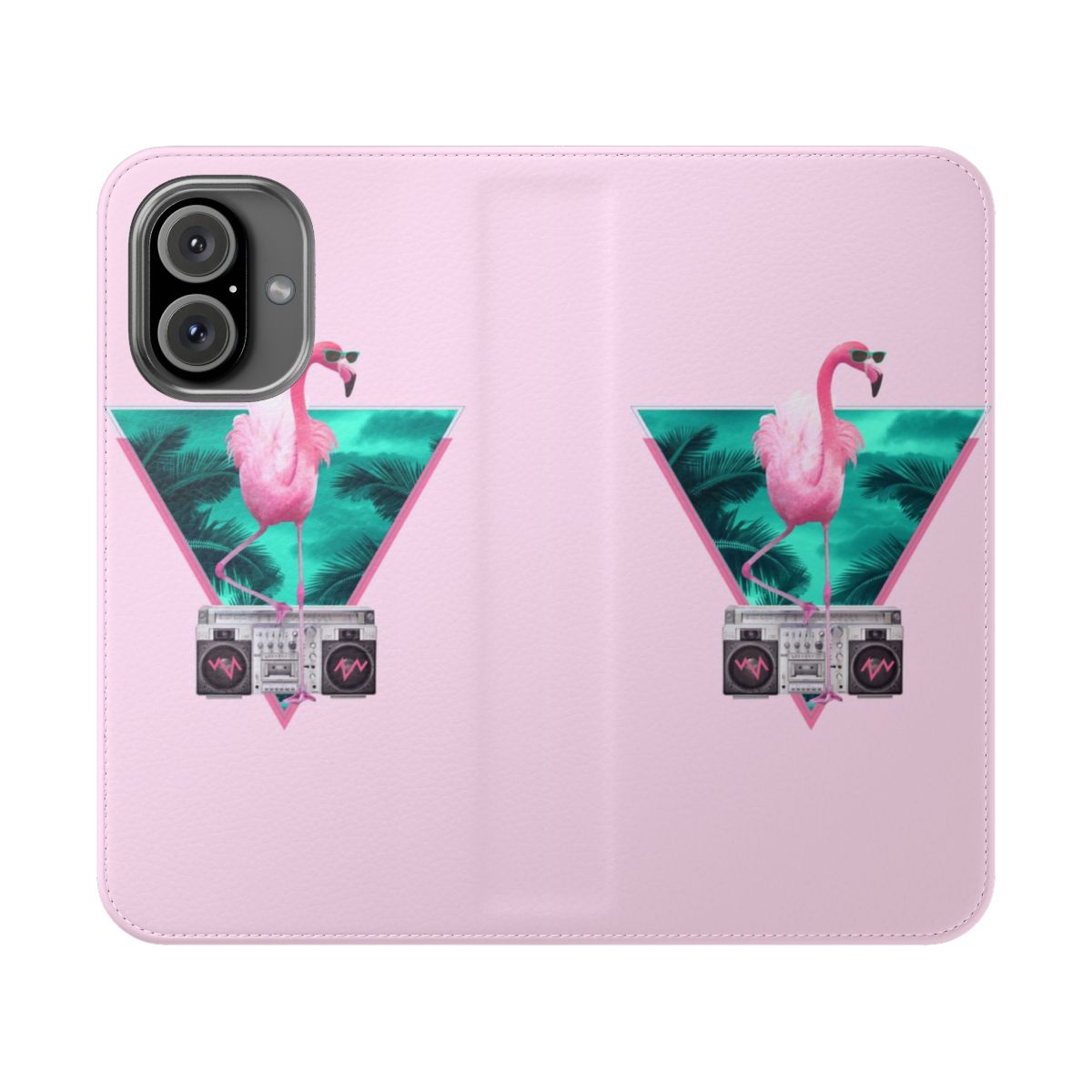 Retro phone case with a pink flamingo design in a 1980s synthwave style