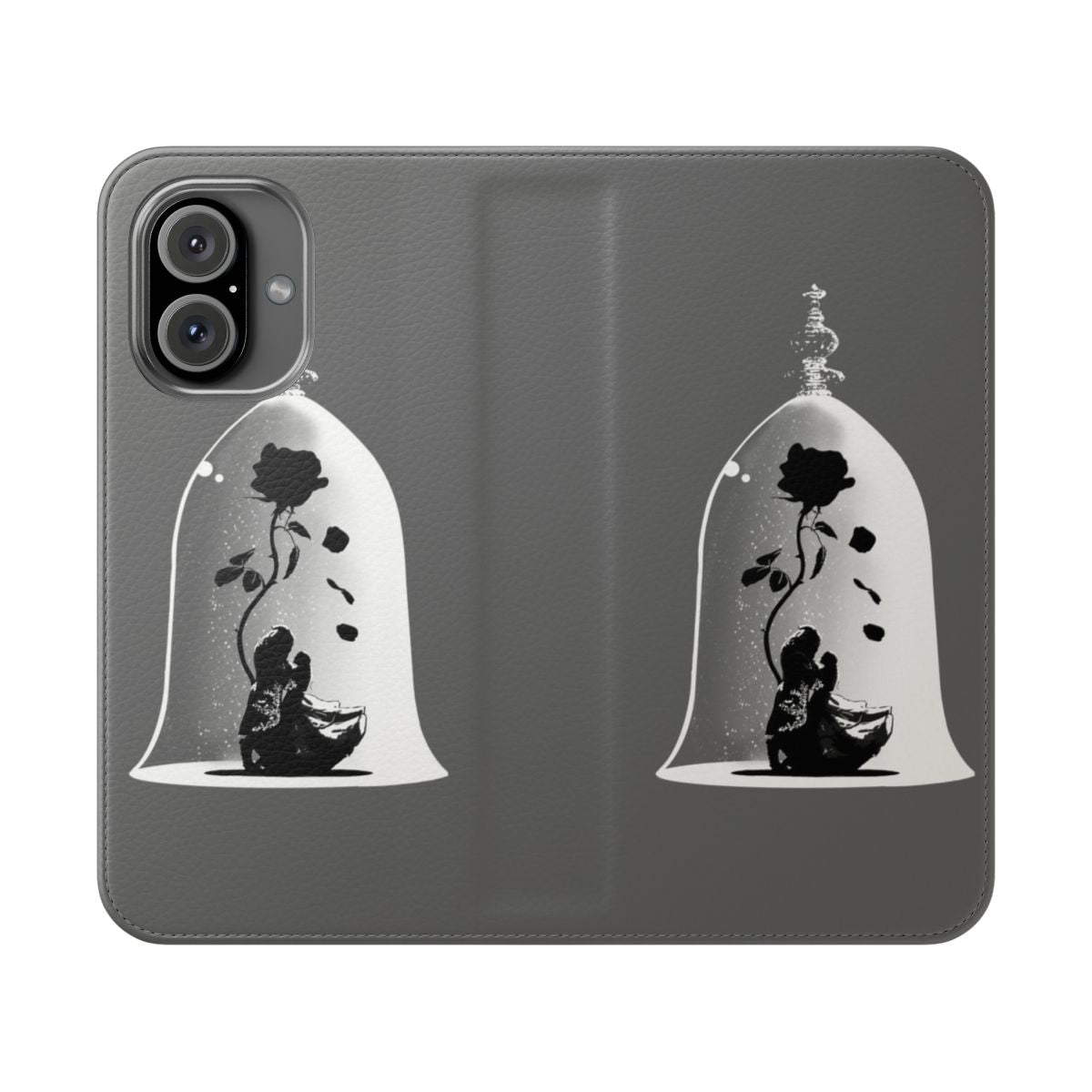 Flip phone case with a black and white digital art design featuring Beauty and the Beast characters dancing under a rose.