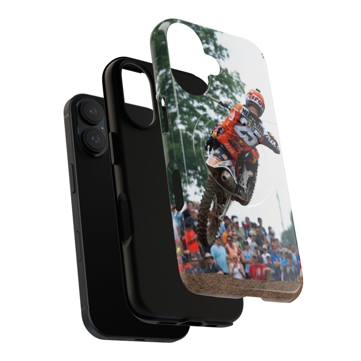 Durable phone case with a motocross-inspired design featuring Marvin Musquin and KTM - Layers