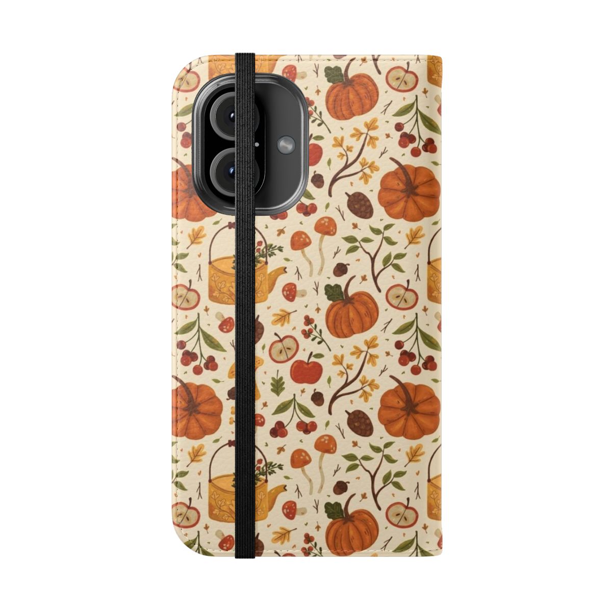 Autumn Botanical Phone Case with Floral Design of Pumpkins, Mushrooms, Leaves, and Apples - Folded Front