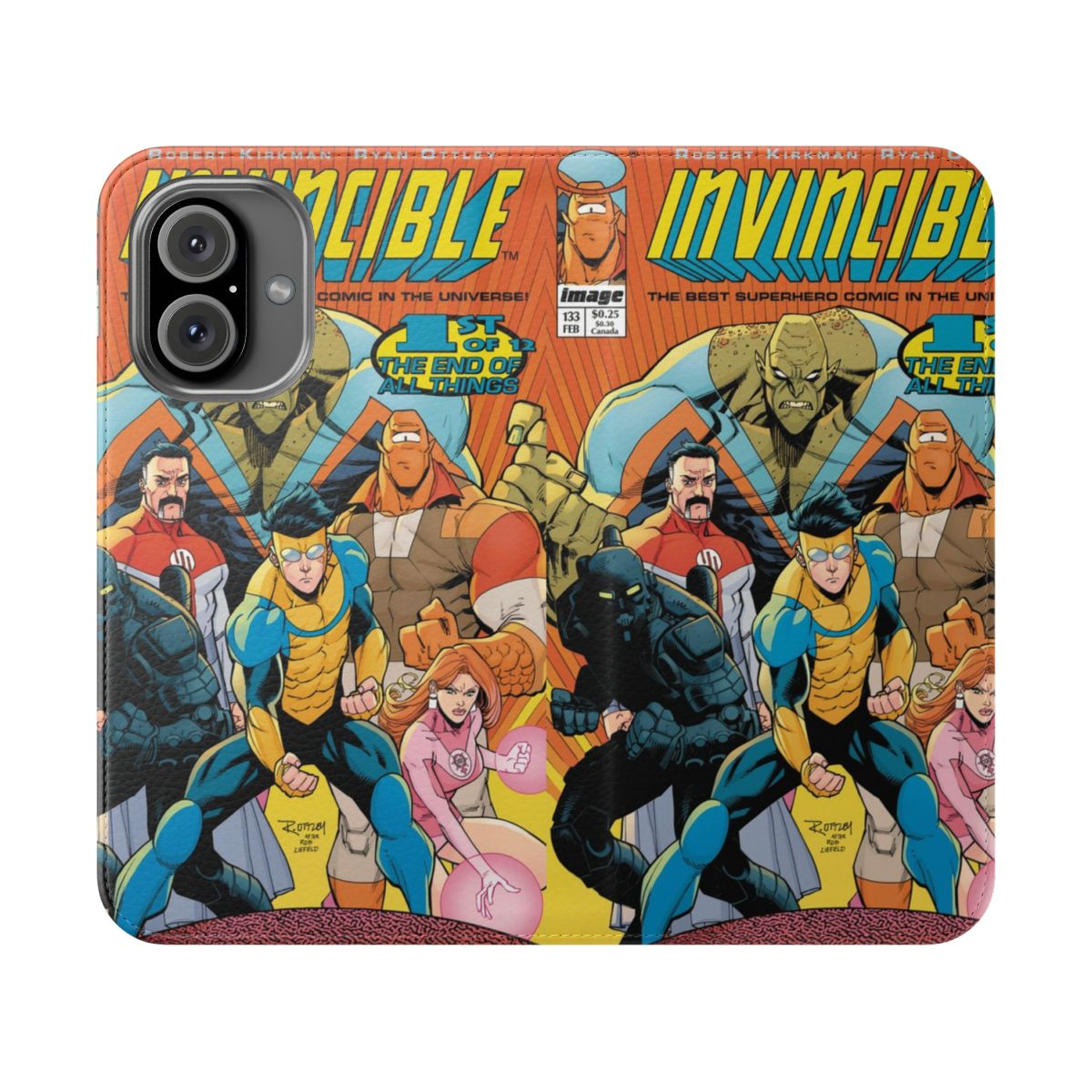 Invincible-themed flip cover phone case with comic book character design