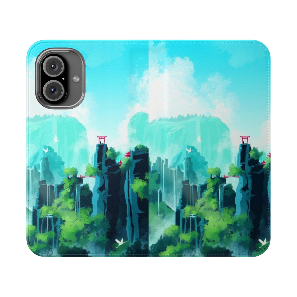 Flip cover phone case featuring a beautiful Asian landscape design with mountains, gates, and scenery.