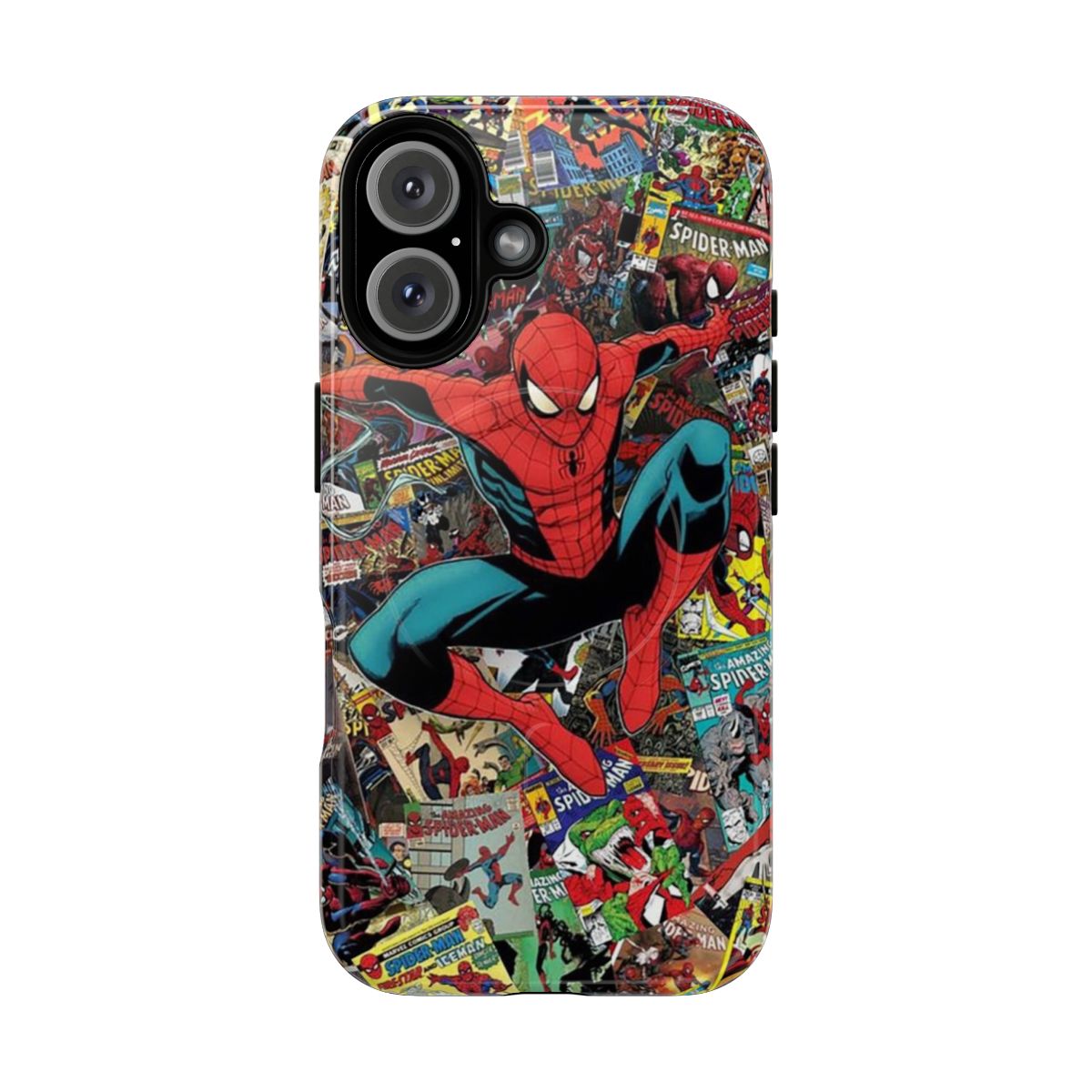 Colorful spider-themed phone case with retro comic book design