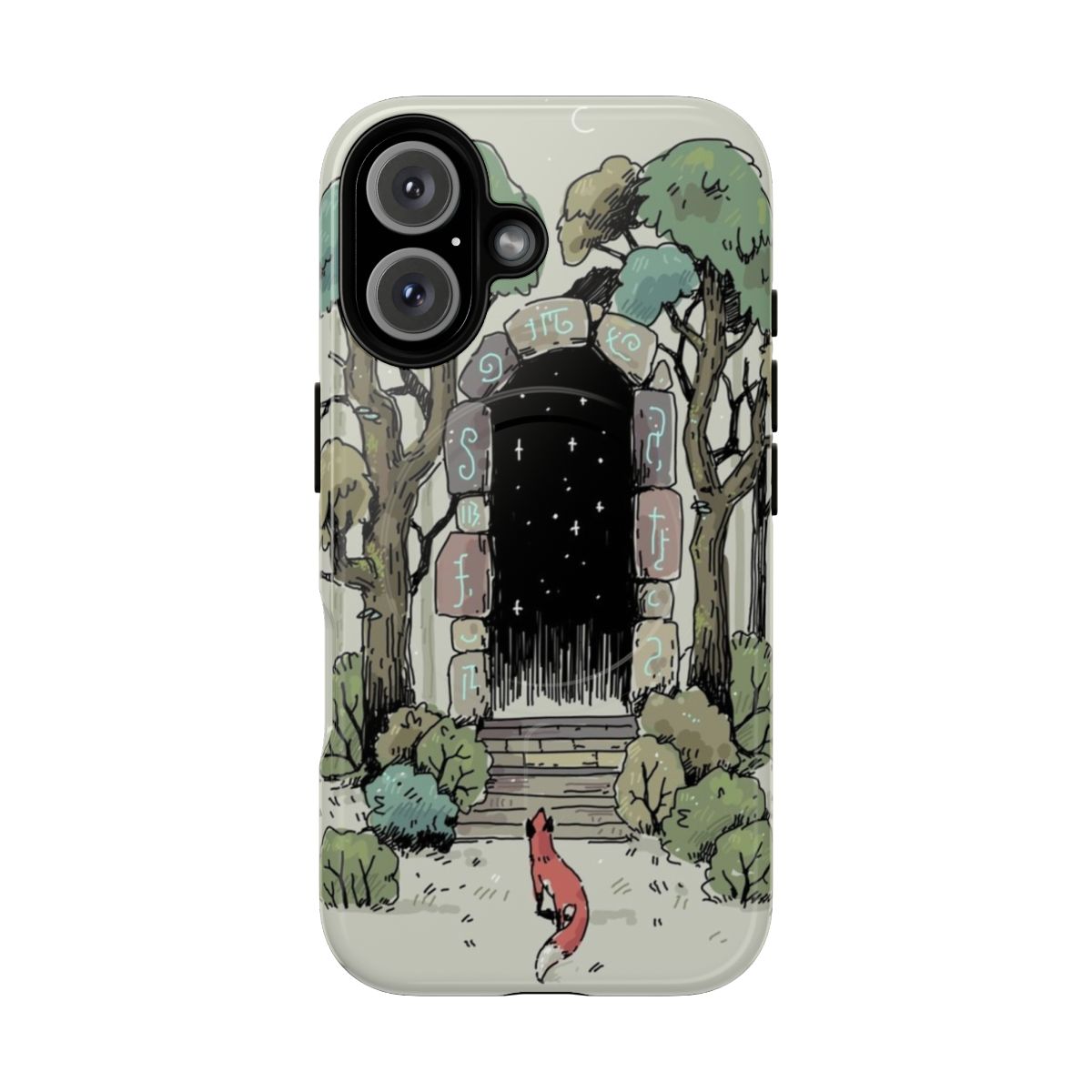 Whimsical forest-themed phone case with doodle art and animal elements