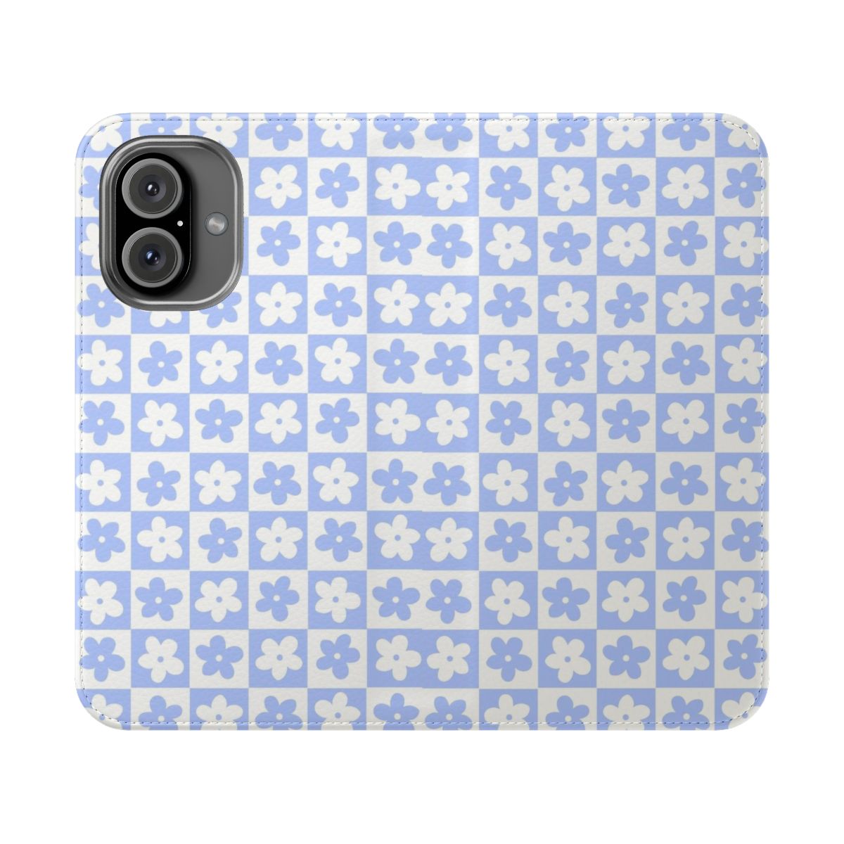 Periwinkle and white checkered squares phone case with floral design