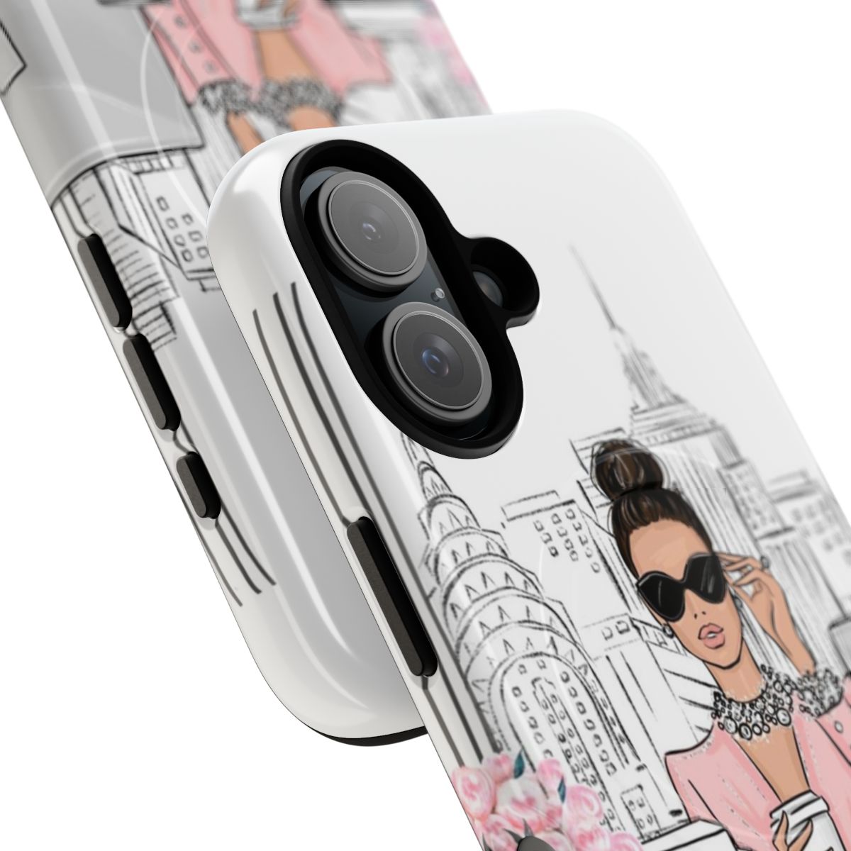 Magnetic tough phone case featuring a fashion illustration of a girl boss in a New York office - Detail