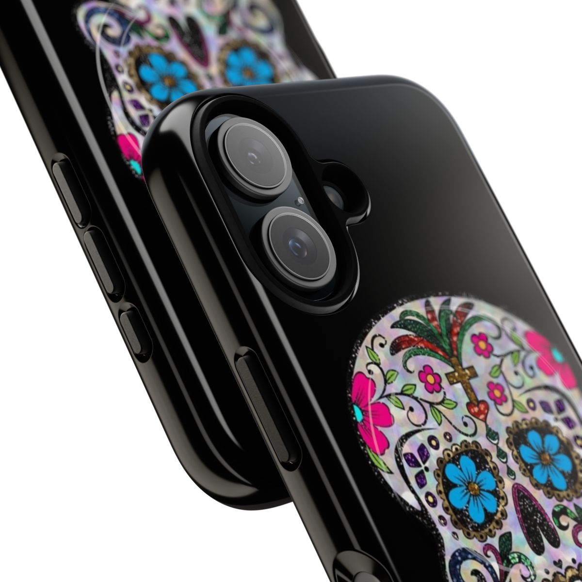 Colorful and vibrant sugar skull-patterned phone case with a touch of sequins for a subtle shine. - Detail