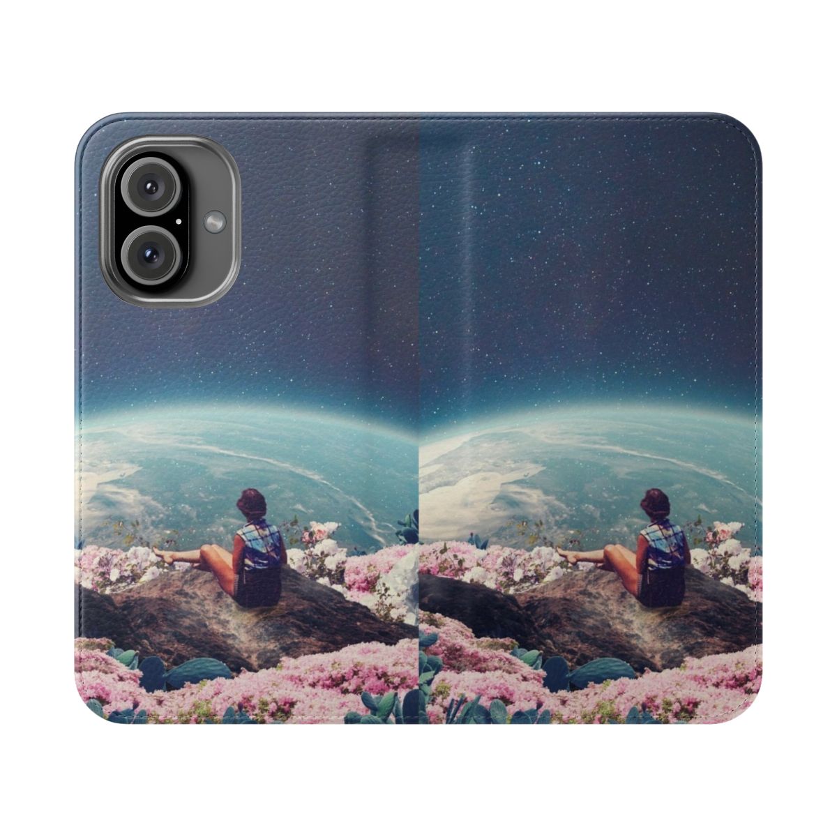 Vintage-style floral collage phone case depicting a woman among stars and planets