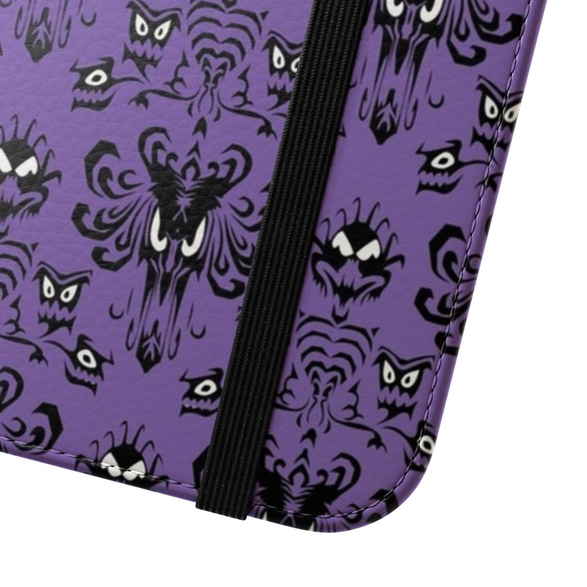 Haunted mansion-themed flip cover phone case with spooky graphics - Close Up