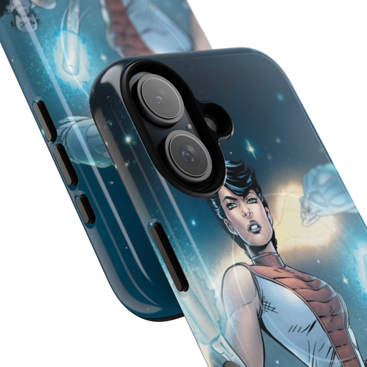 Magnetic tough phone case with a sci-fi, futuristic design featuring a badass female hero - Detail