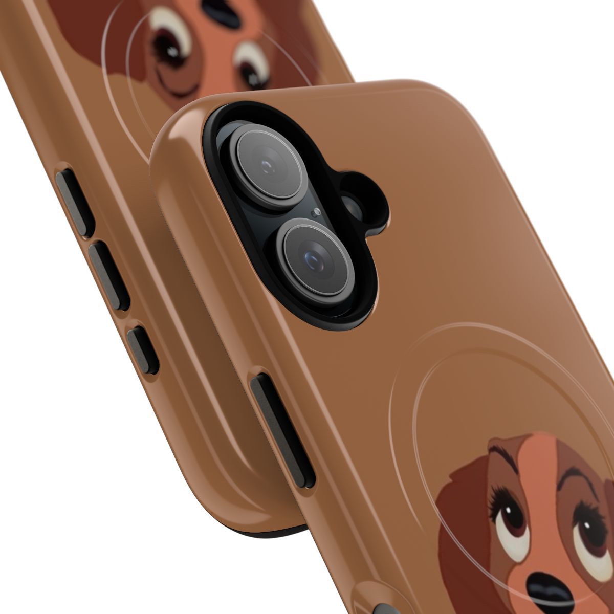 A magnetic and durable phone case featuring the characters Lady and the Tramp from the beloved Disney animated movie. - Detail