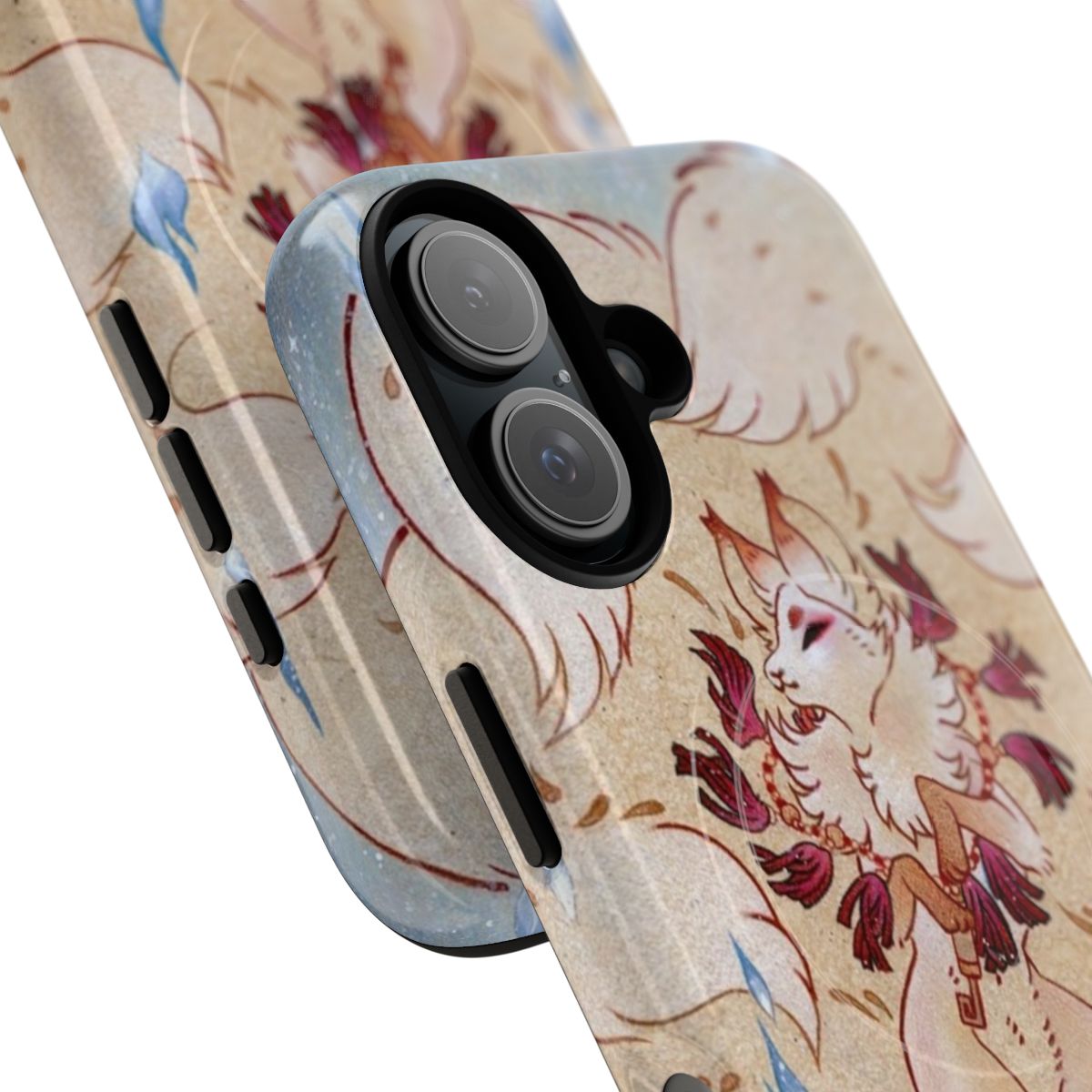 Artistic illustration of a tea fox, kitsune, or yokai with celestial and ethereal elements on a magnetic phone case. - Detail