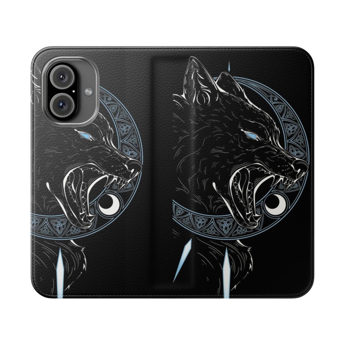 Flip phone case with Norse mythology-inspired graphic of wolves Hati and Sköll, stars, and northern lights