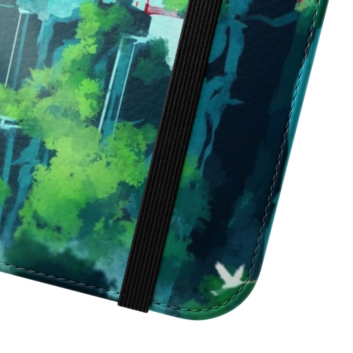 Flip cover phone case featuring a beautiful Asian landscape design with mountains, gates, and scenery. - Close Up