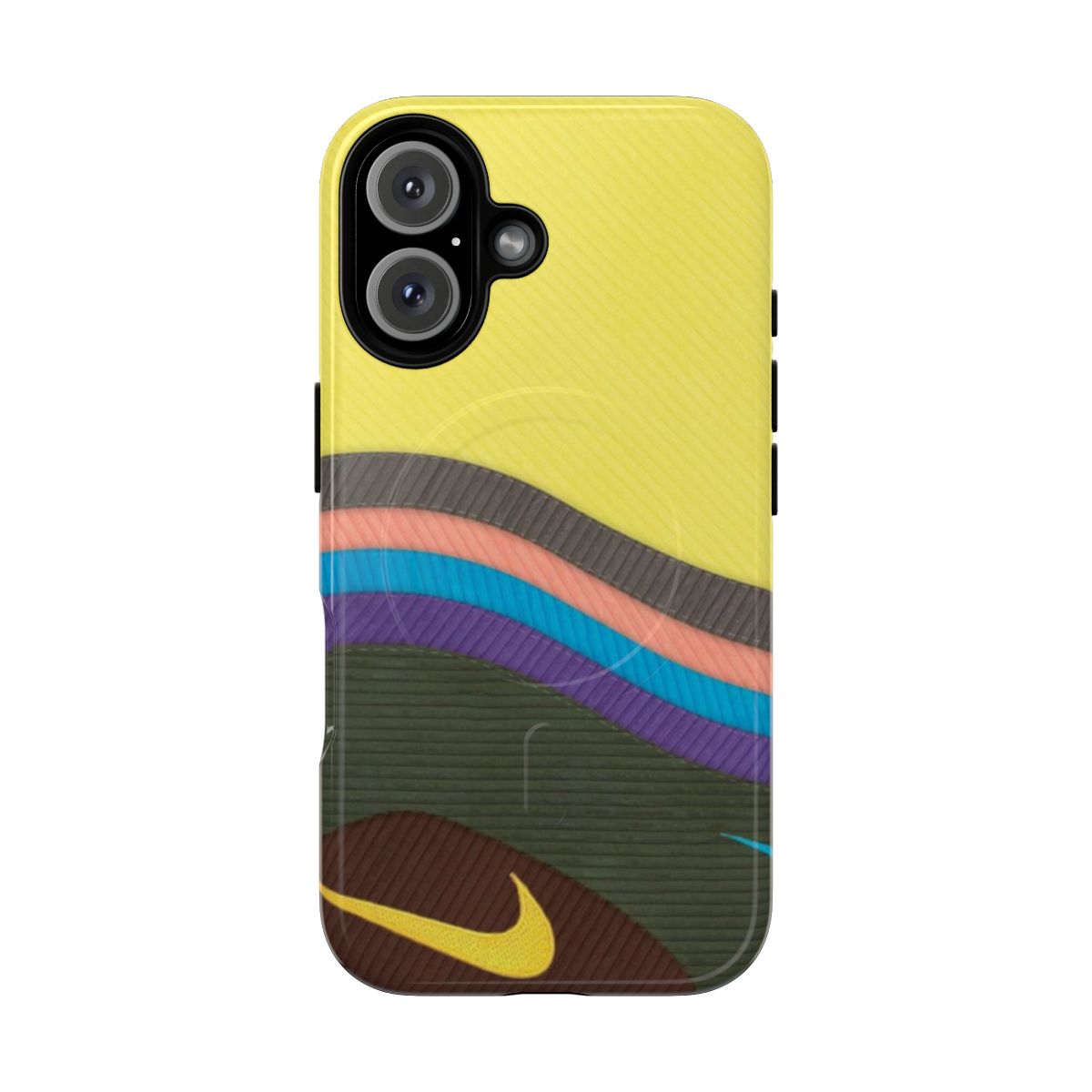 Colorful retro-style phone case with magnetic closure and tough protective design, featuring a Nike-inspired popcorn pattern.