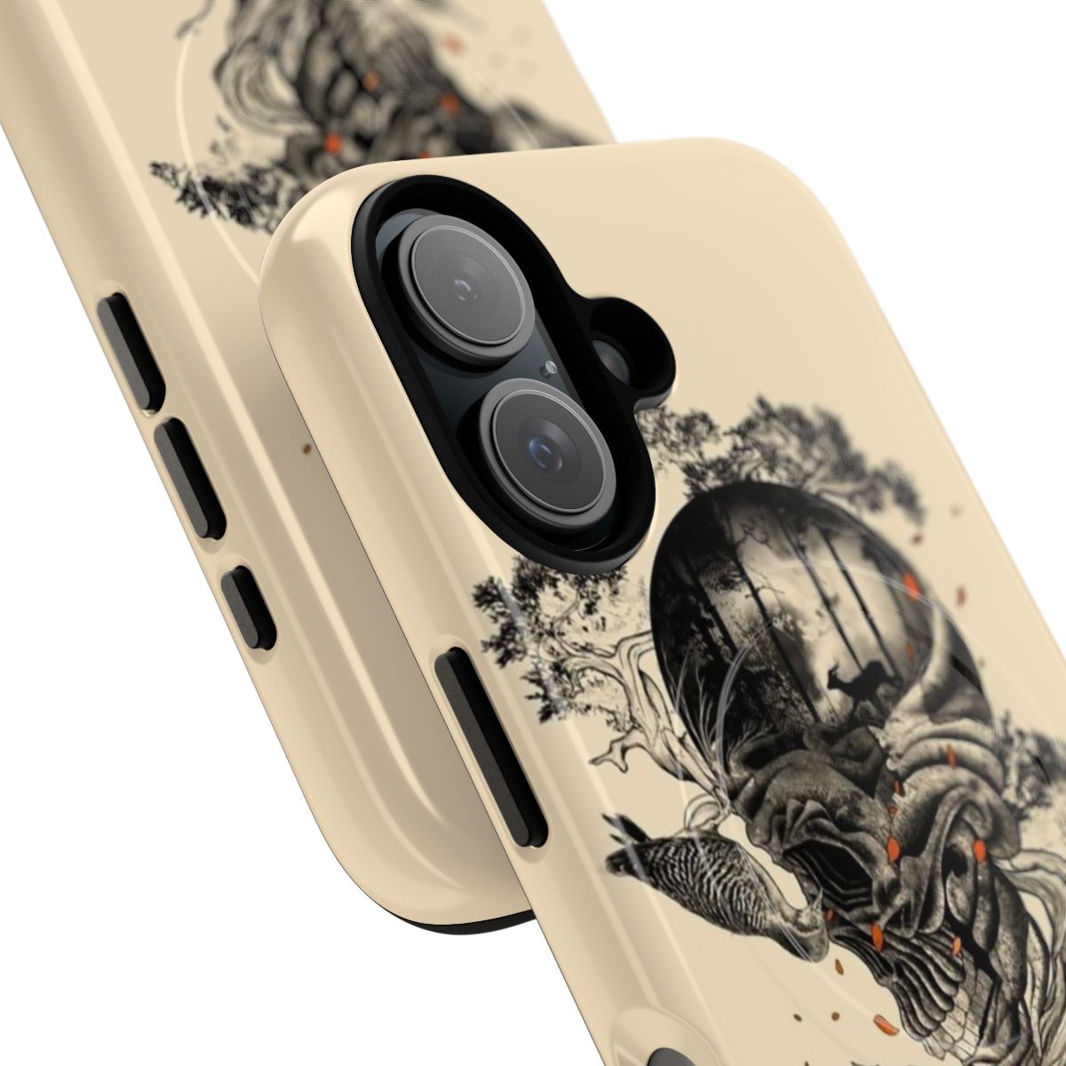 Surreal nature-inspired phone case with abstract floral, bird, and deer designs in black, white, and red - Detail