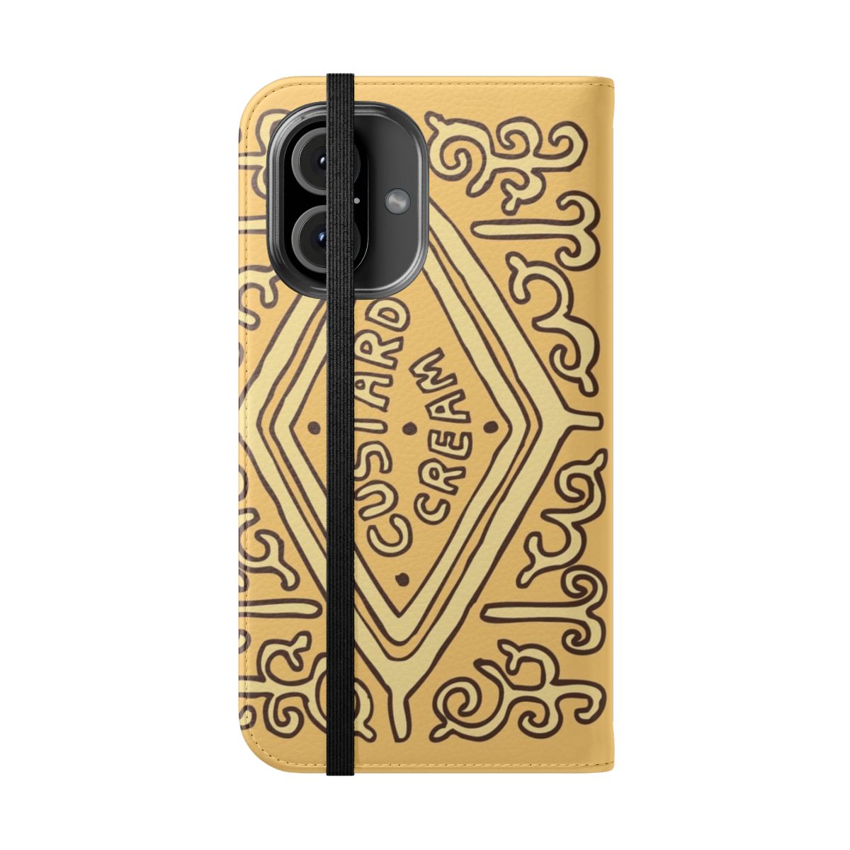 Custard cream inspired British biscuit phone case with hand-drawn design - Folded Front