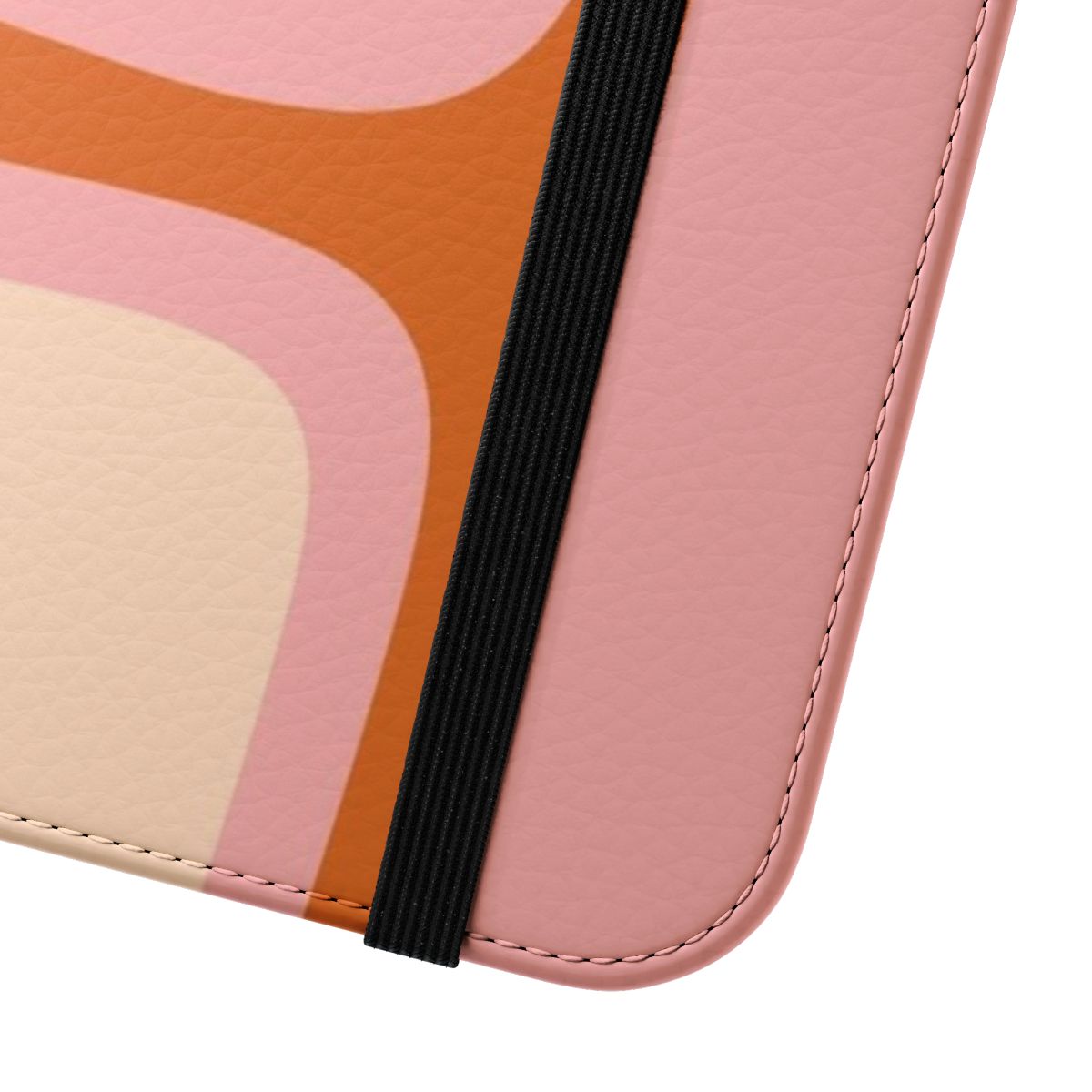 Retro abstract pattern in orange, pink, and cream colors on a flip phone case - Close Up