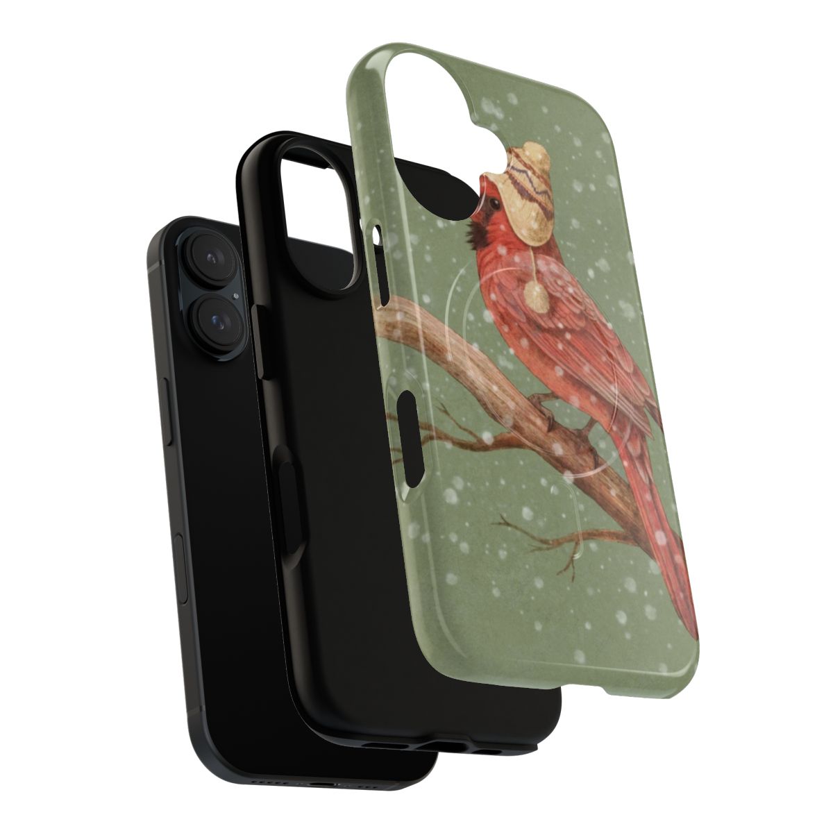 A phone case featuring a beautiful red cardinal bird in a snowy winter scene, designed by artist Terry Fan. - Layers