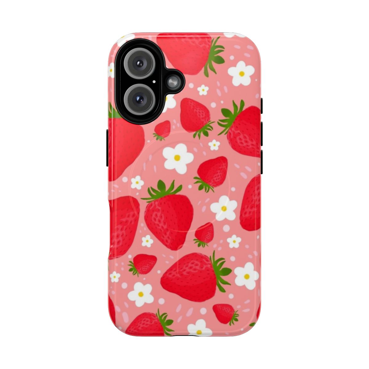 Vibrant pink and red strawberry pattern on a magnetic tough phone case