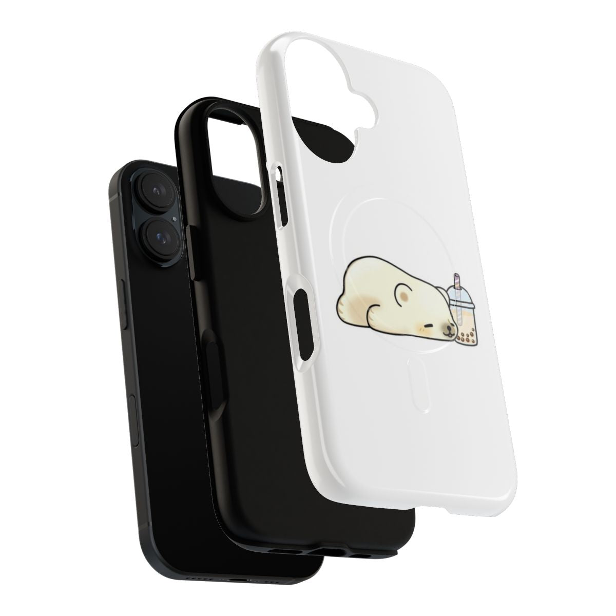 Image of a cute polar bear holding a boba tea drink in its paws, on a magnetic phone case. - Layers