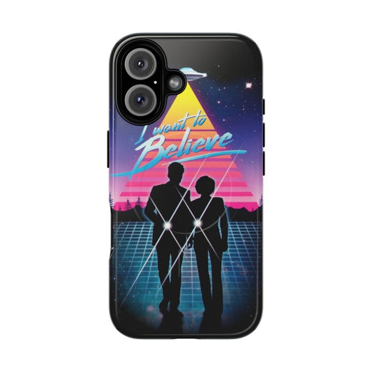 "Retro-inspired 'I Want to Believe' phone case with X-Files themed graphics"