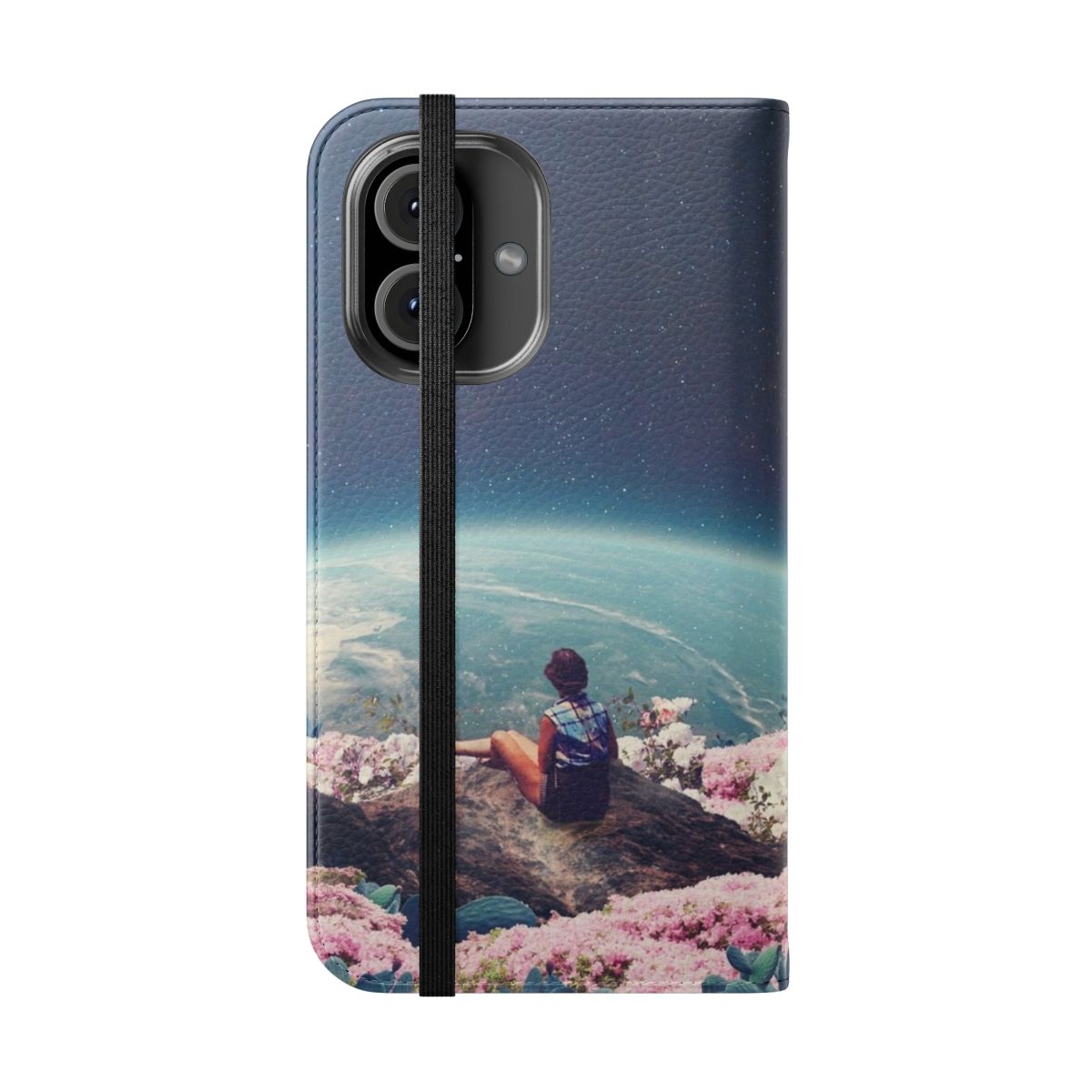 Vintage-style floral collage phone case depicting a woman among stars and planets - Folded Front