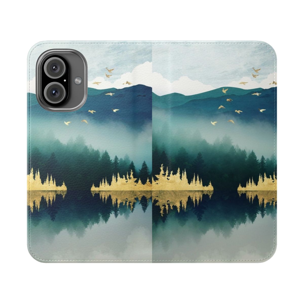 Closeup of a mist reflection phone case with a serene landscape design.