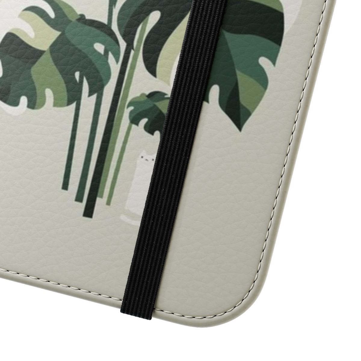 Image of a cat and monstera plant printed on a flip phone case - Close Up