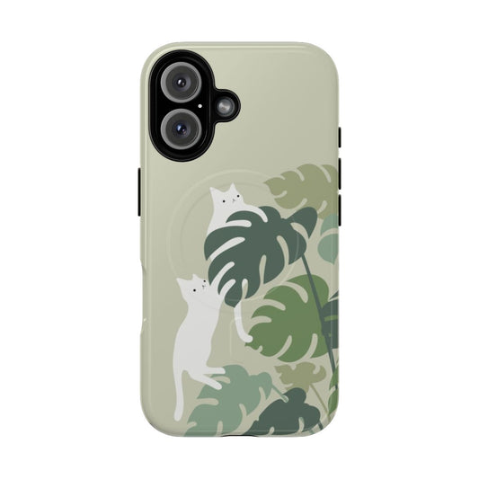 A magnetic tough phone case featuring a vibrant cat and plant design.