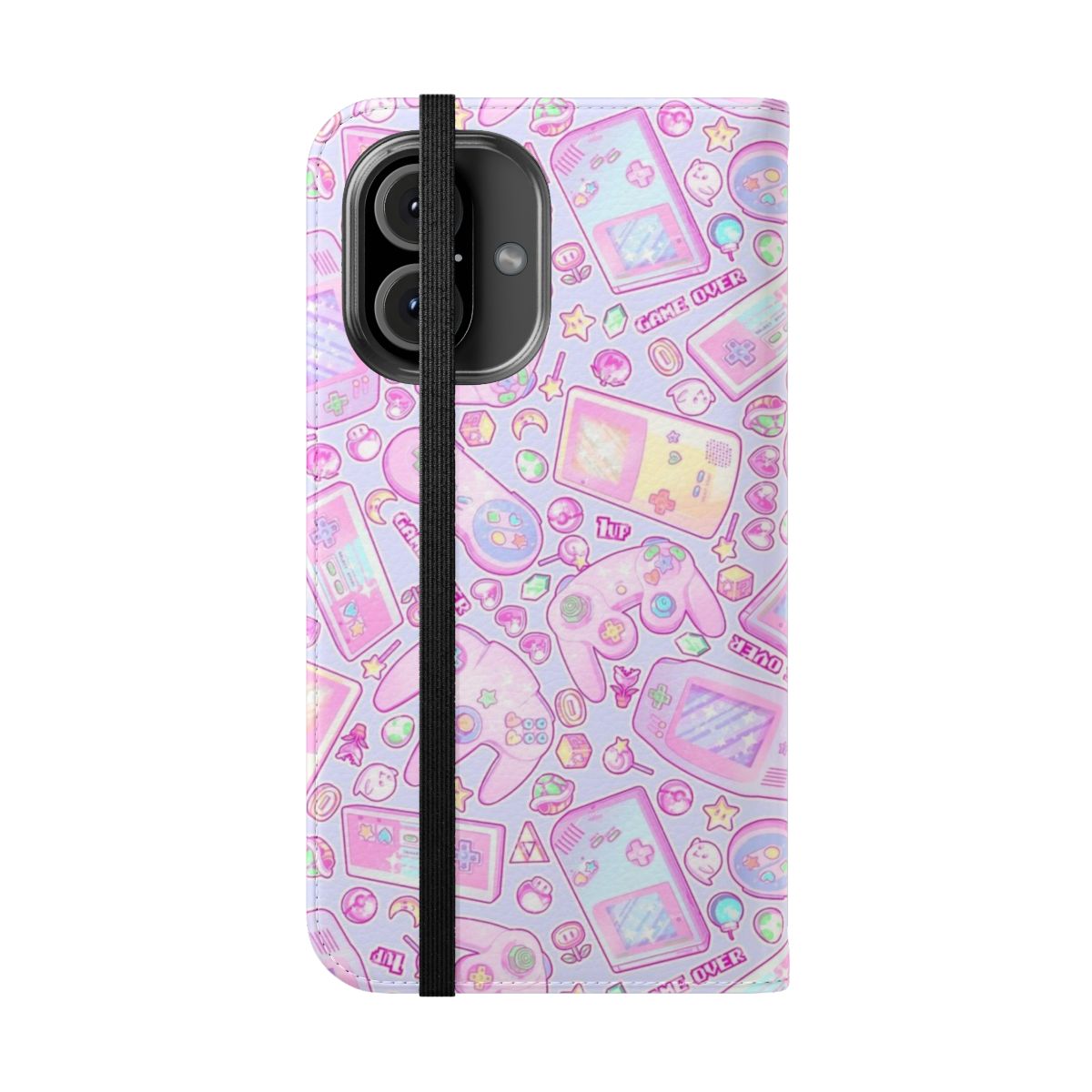 Pastel-colored flip phone case with retro gaming and kawaii design - Folded Front