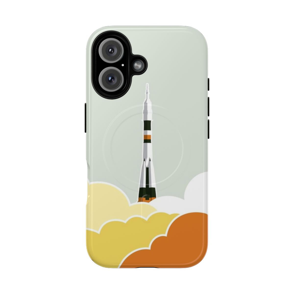 A phone case featuring a space-themed design with a rocket launch, planets, and astronauts