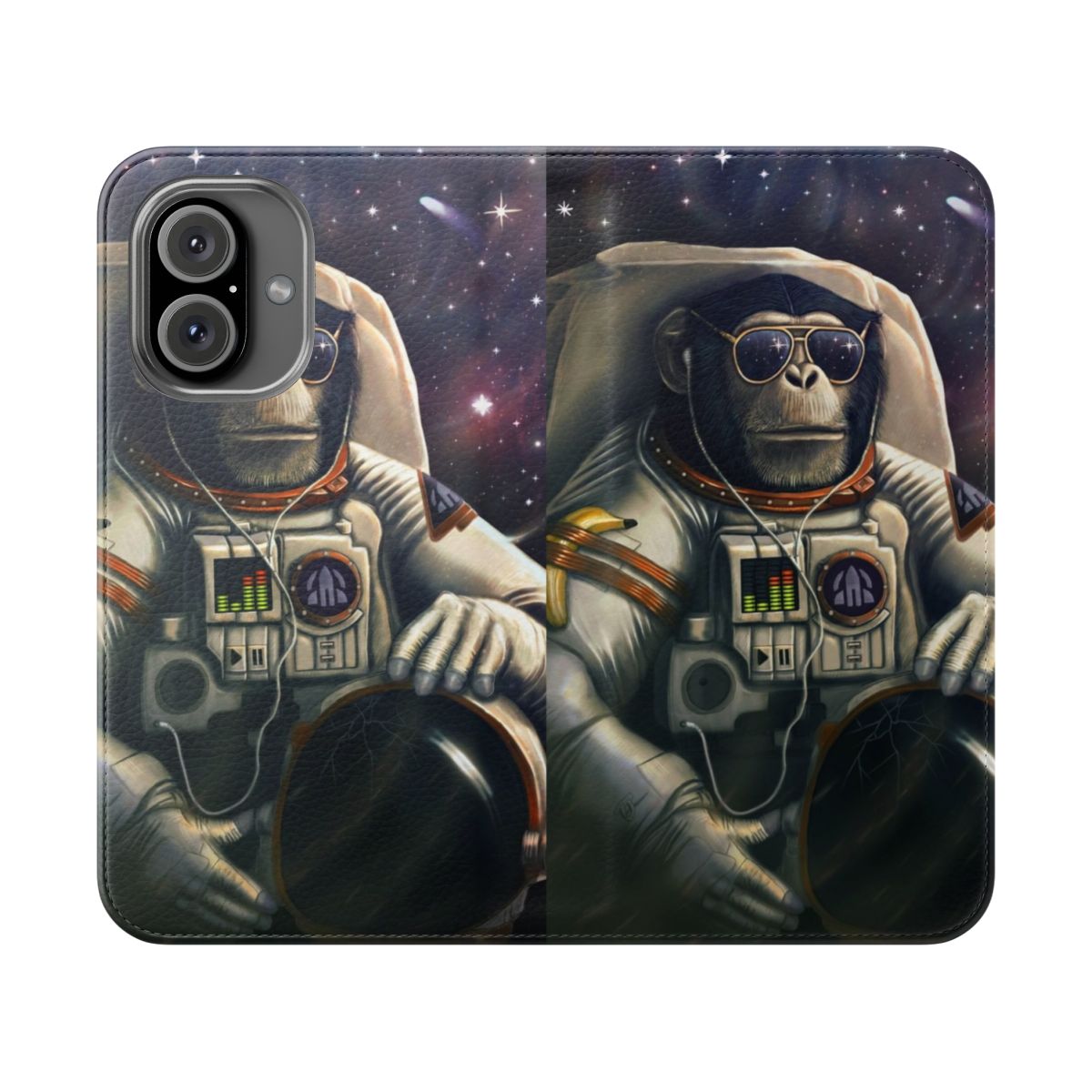 Flip cover phone case with a space-themed design featuring an astronaut monkey