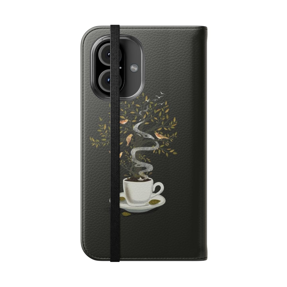 Surreal art flip cover phone case featuring birds, trees, and a cup in a dark, dreamlike setting - Folded Front