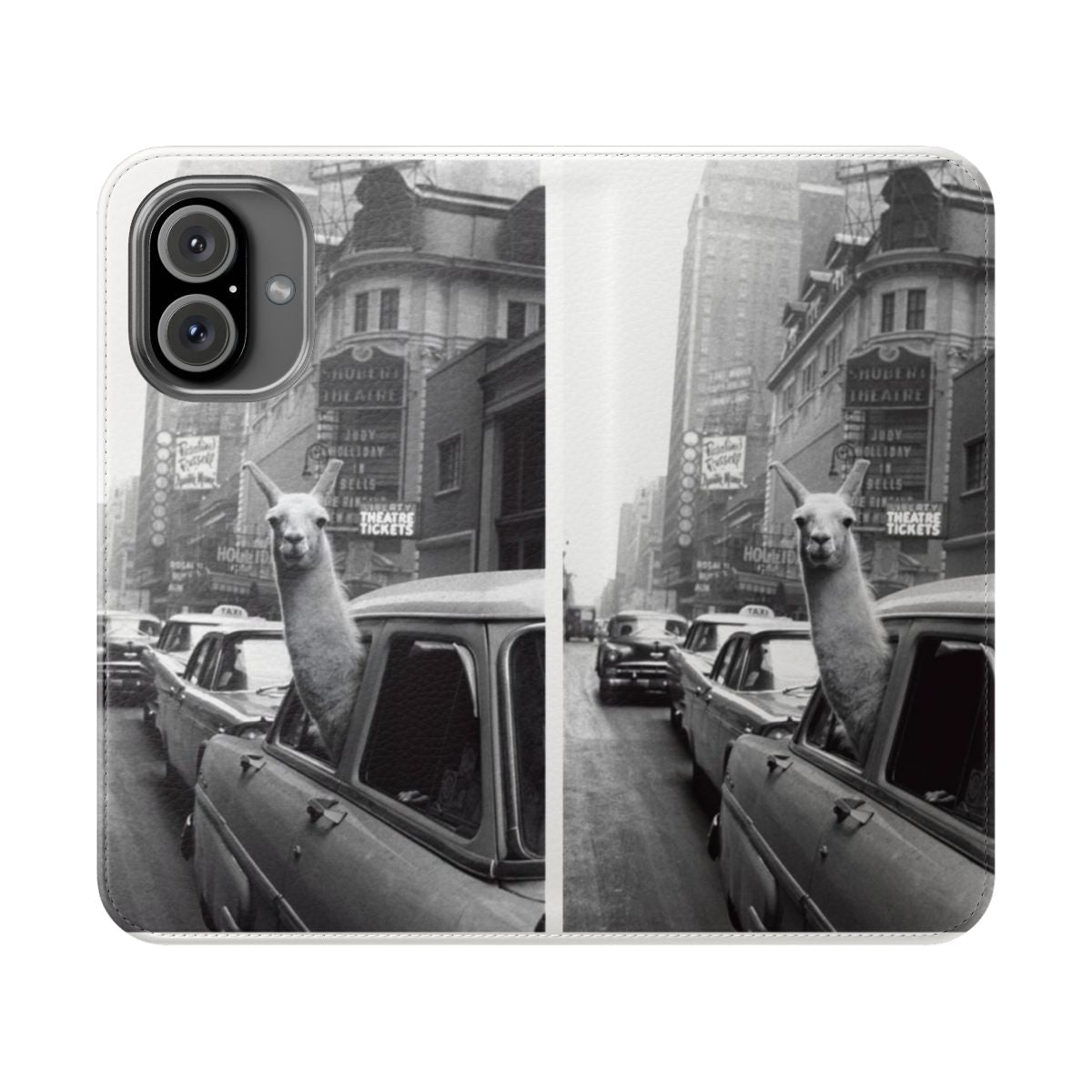 Black and white llama image on a smartphone flip cover case