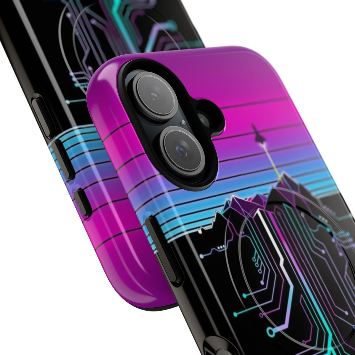 Cyberpunk-inspired phone case with a mountain and sunset landscape in a vaporwave aesthetic - Detail