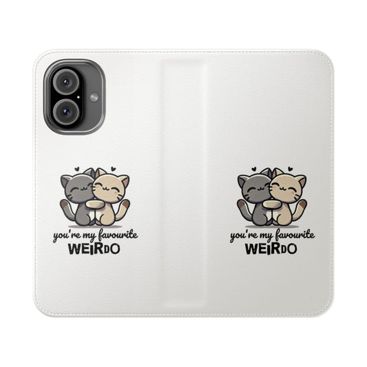 A cute and quirky flip cover phone case featuring a cartoon cat hugging design, perfect for best friend gifts.