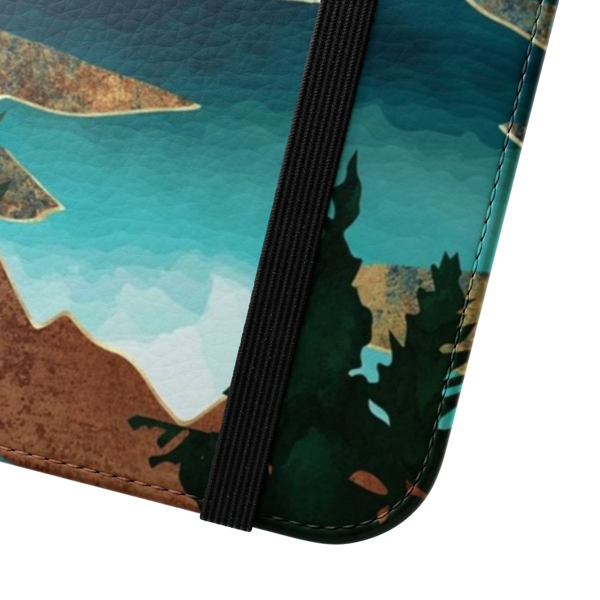 Flip cover phone case with a scenic river and mountain landscape design - Close Up