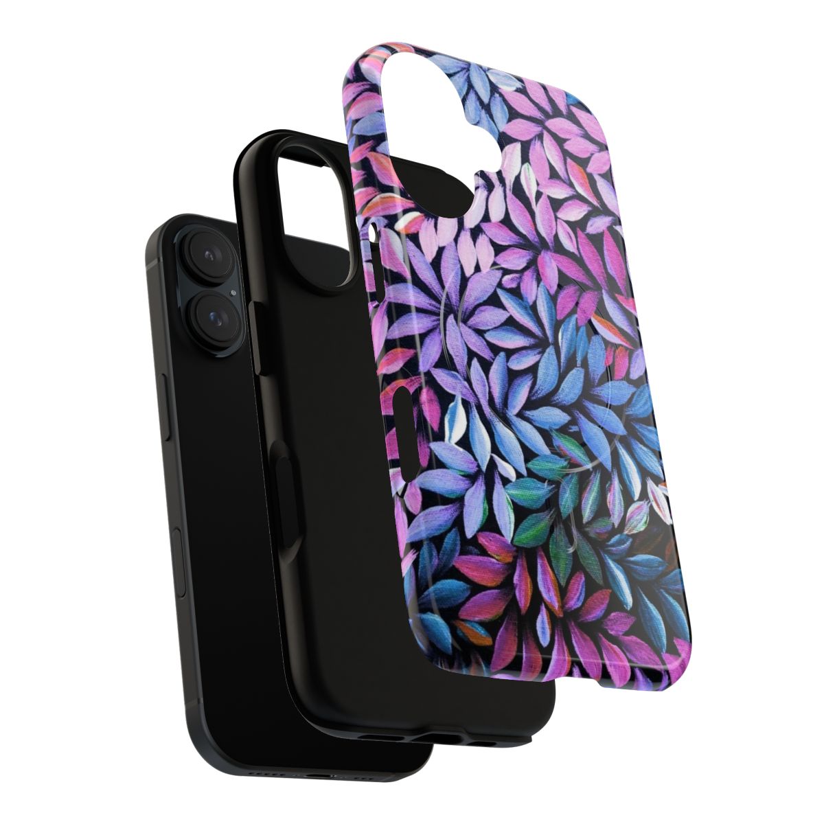 Colorful magnetic tough phone case featuring an abstract Australian aboriginal art-inspired design with leaves in shades of pink, purple, and blue. - Layers